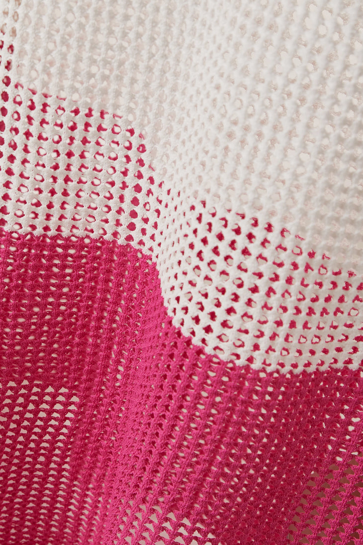Lightweight knitted cover-up maxi dress in white and pink ombre pattern with open weave detail — PQ Swim | Endless UAE