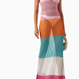 Colorblock mesh knit maxi dress with pink, orange, turquoise, white and hot pink stripes in sleeveless racerback style — PQ Swim | Endless UAE