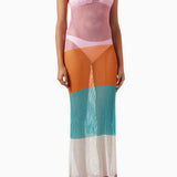 Colorblock mesh knit maxi dress with pink, orange, turquoise and white stripes — PQ Swim | Endless UAE