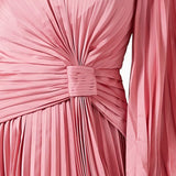 Pink pleated mini dress with draped cape sleeves and waist tie detail — Acler | Endless UAE