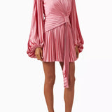 Pink pleated mini dress with draped cape sleeves and waist tie detail — Acler | Endless UAE