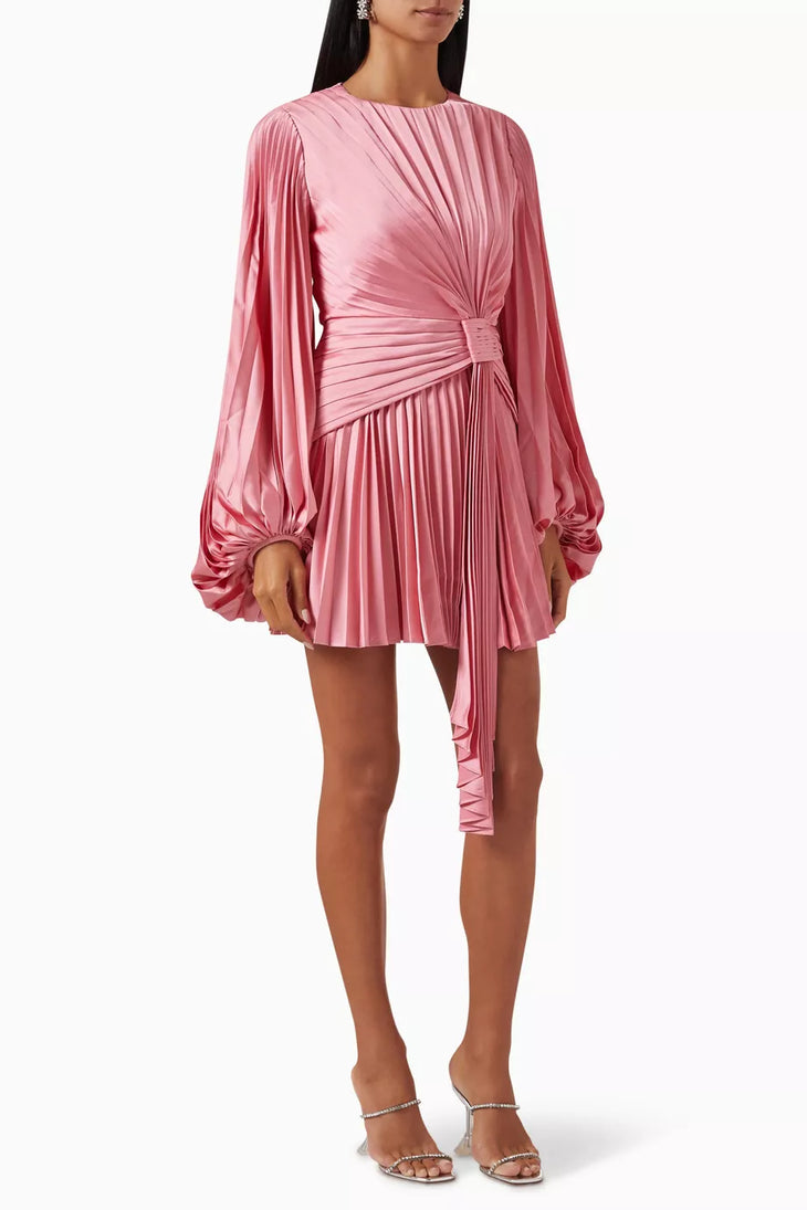 Pink pleated mini dress with draped cape sleeves and waist tie detail — Acler | Endless UAE