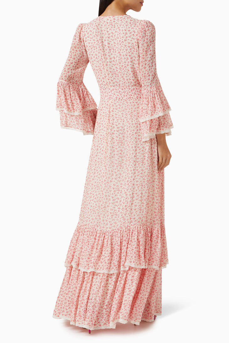 Floral-print georgette maxi dress with tiered ruffled hem and bell sleeves in pink and white — Bytimo | Endless UAE