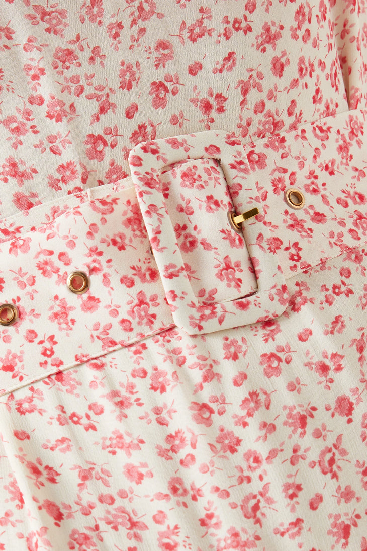 Floral-print georgette dress with collar and gold-tone button details in cream and coral pink — Bytimo | Endless UAE