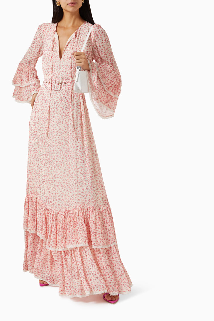 Floral-print georgette maxi dress with balloon sleeves and tiered ruffled hem in pink — Bytimo | Endless UAE