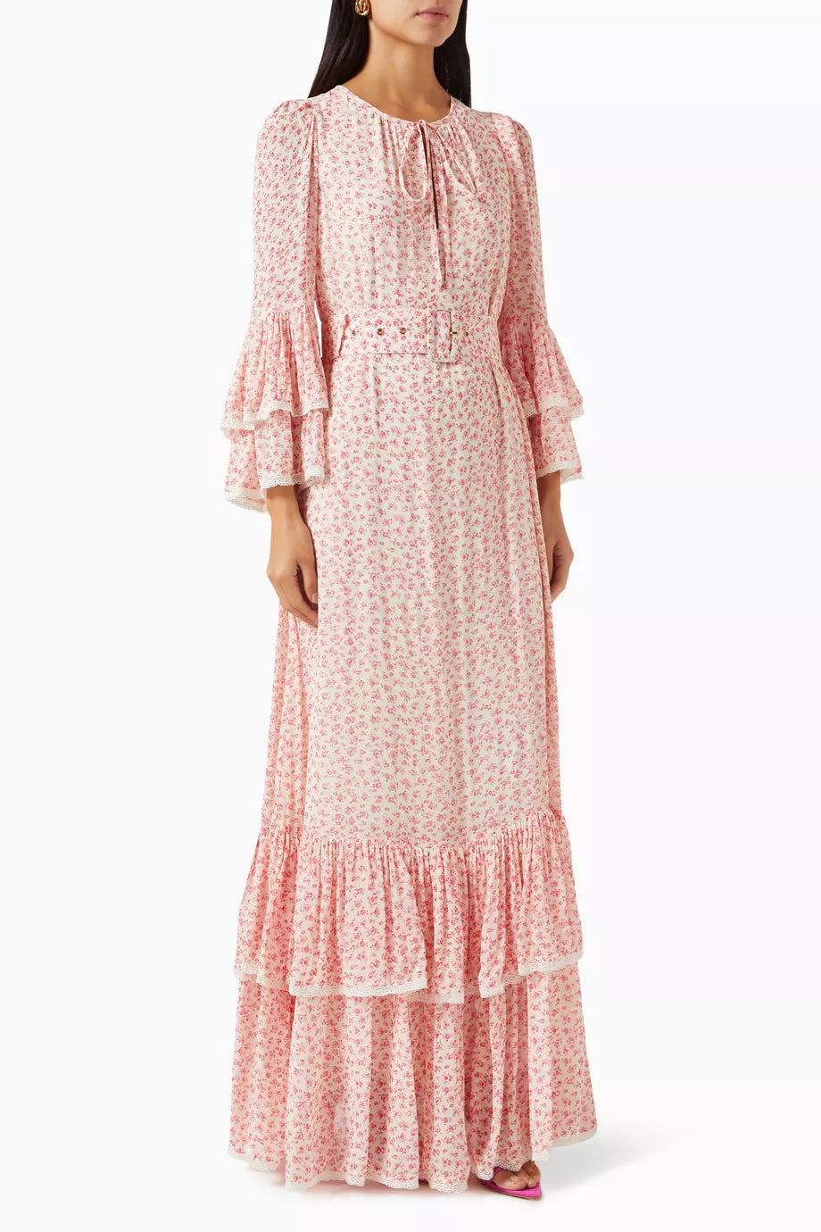 Pink floral-print georgette maxi dress with tiered ruffle sleeves and hem — Bytimo | Endless UAE