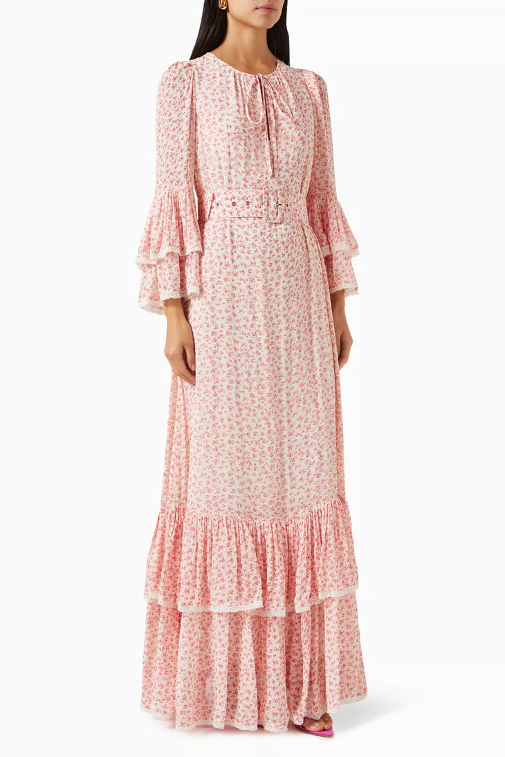 Pink floral-print georgette maxi dress with tiered ruffle sleeves and hem — Bytimo | Endless UAE