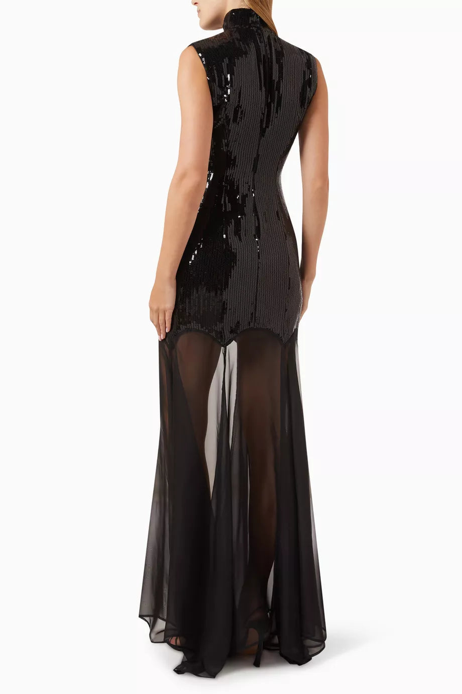Black sequined high-neck sleeveless maxi dress with sheer mesh skirt — De La Vali | Endless UAE