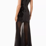 Black sequined high-neck sleeveless maxi dress with sheer mesh skirt — De La Vali | Endless UAE