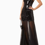 Black sequined high-neck sleeveless maxi dress with sheer mesh skirt — De La Vali | Endless UAE