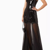 Black sequined high-neck sleeveless maxi dress with sheer mesh skirt — De La Vali | Endless UAE
