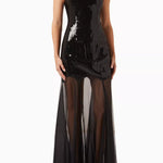 Black sequined high-neck sleeveless maxi dress with sheer mesh skirt — De La Vali | Endless UAE