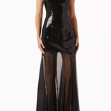 Black sequined high-neck sleeveless maxi dress with sheer mesh skirt — De La Vali | Endless UAE