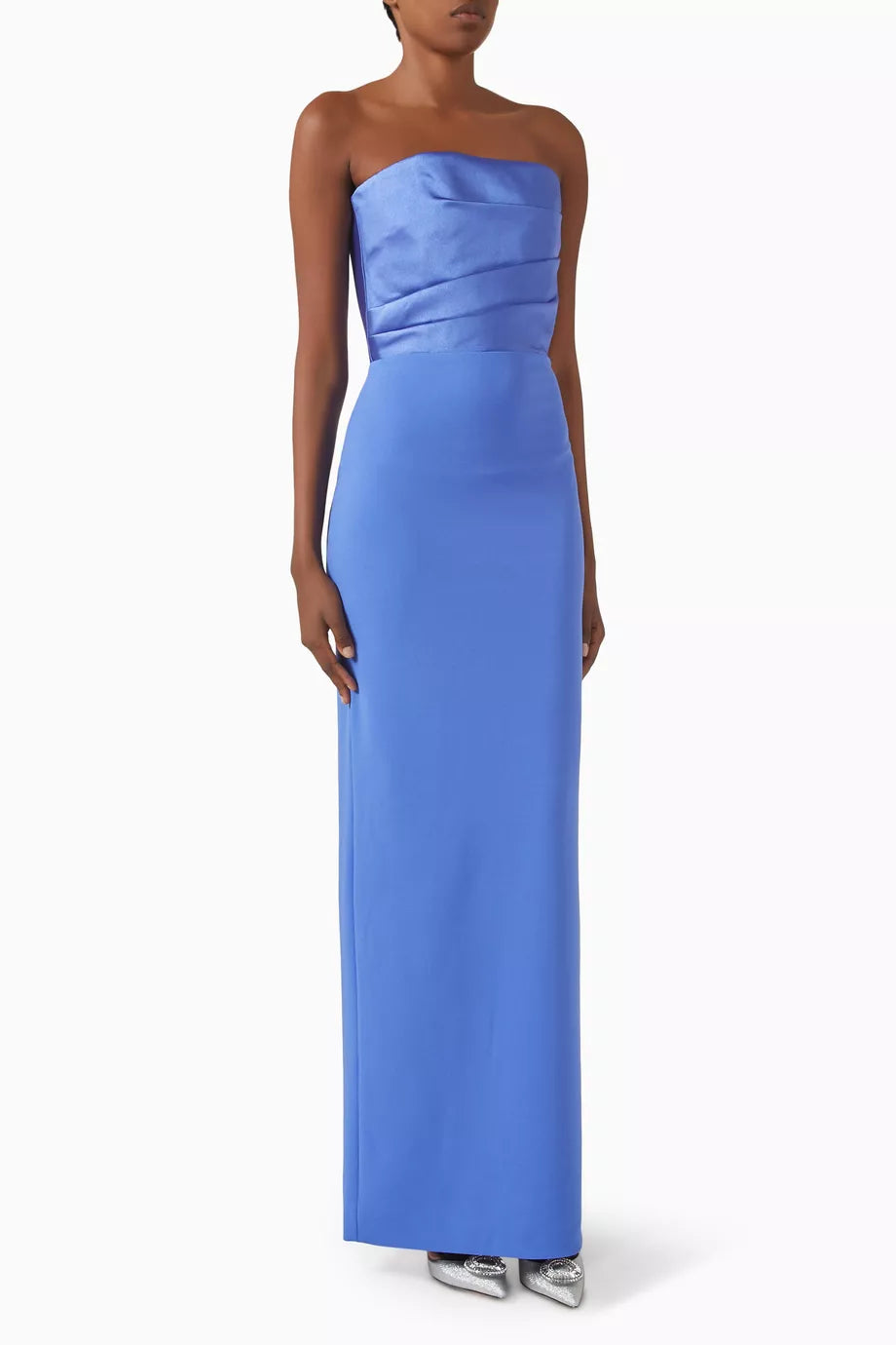 Elegant periwinkle blue strapless maxi dress with draped bodice detailing and fitted silhouette — Solace London | Endless UAE