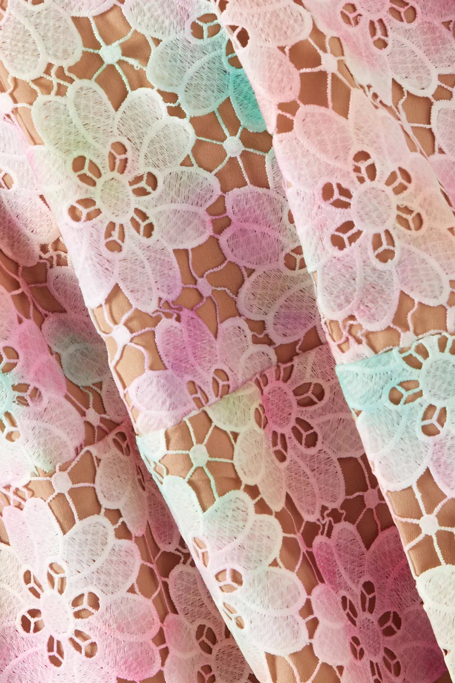 Pastel floral lace fabric with scalloped edges in pink, mint and cream tones — Elliatt | Endless UAE