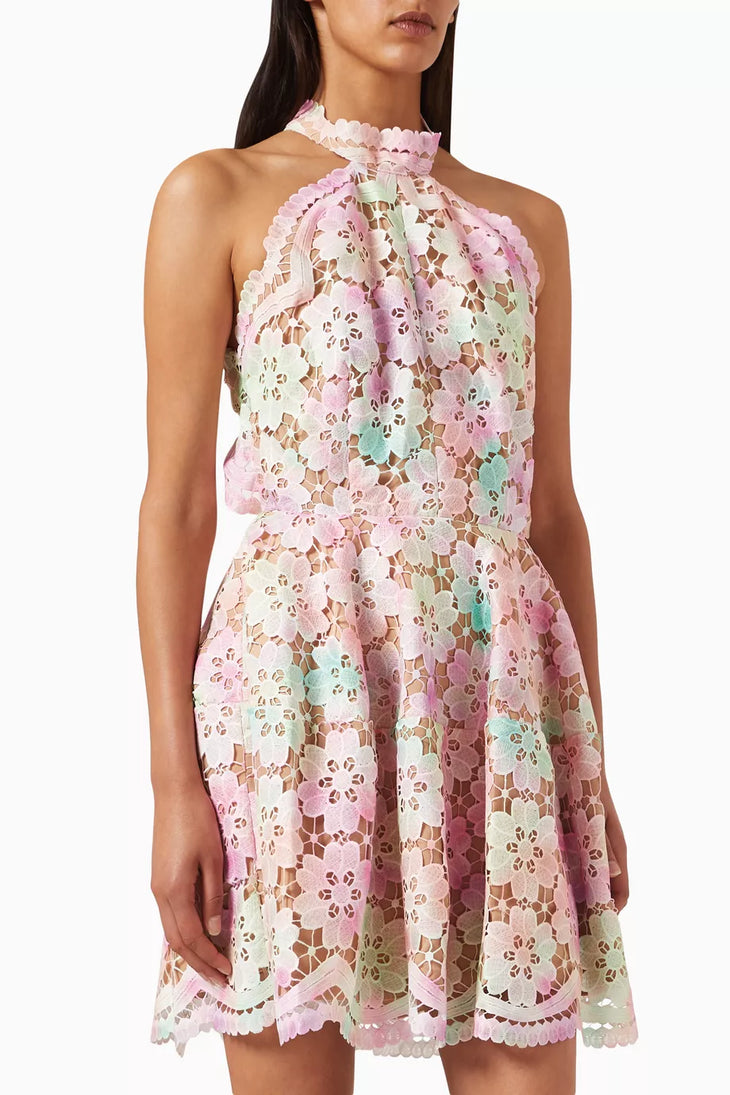 Pastel floral lace halter neck mini dress with scalloped edges and cut-out details — Elliatt | Endless UAE