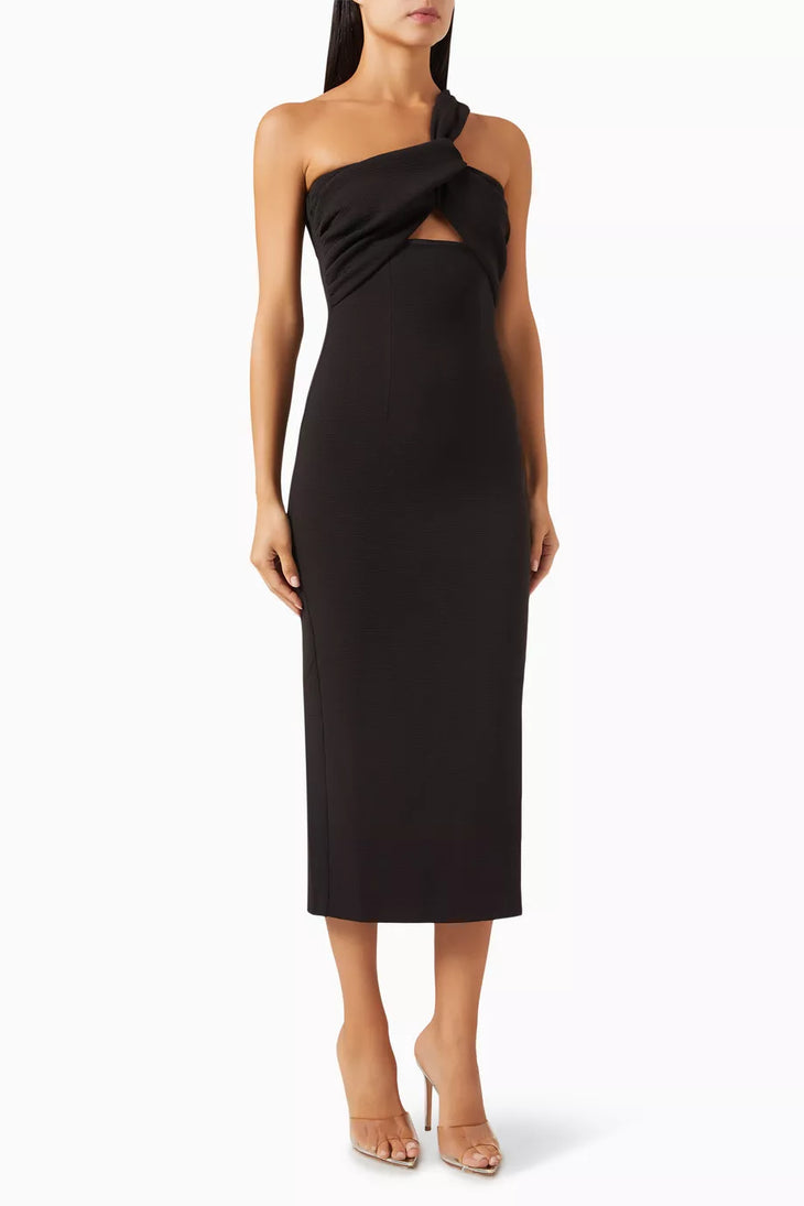 Black one-shoulder midi dress with cutout detail — Elle Zeitoune | Endless UAE