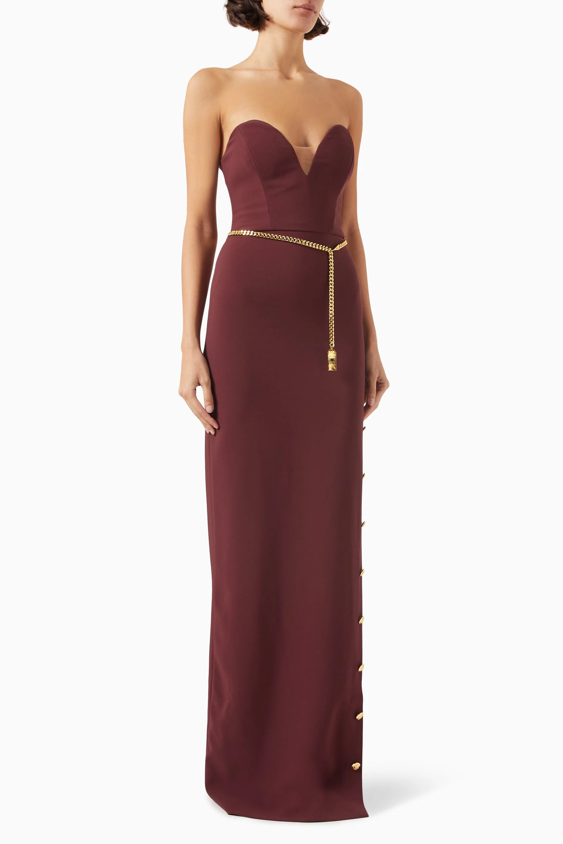 Strapless burgundy maxi dress with gold chain belt and button details — Elisabetta Franchi | Endless UAE