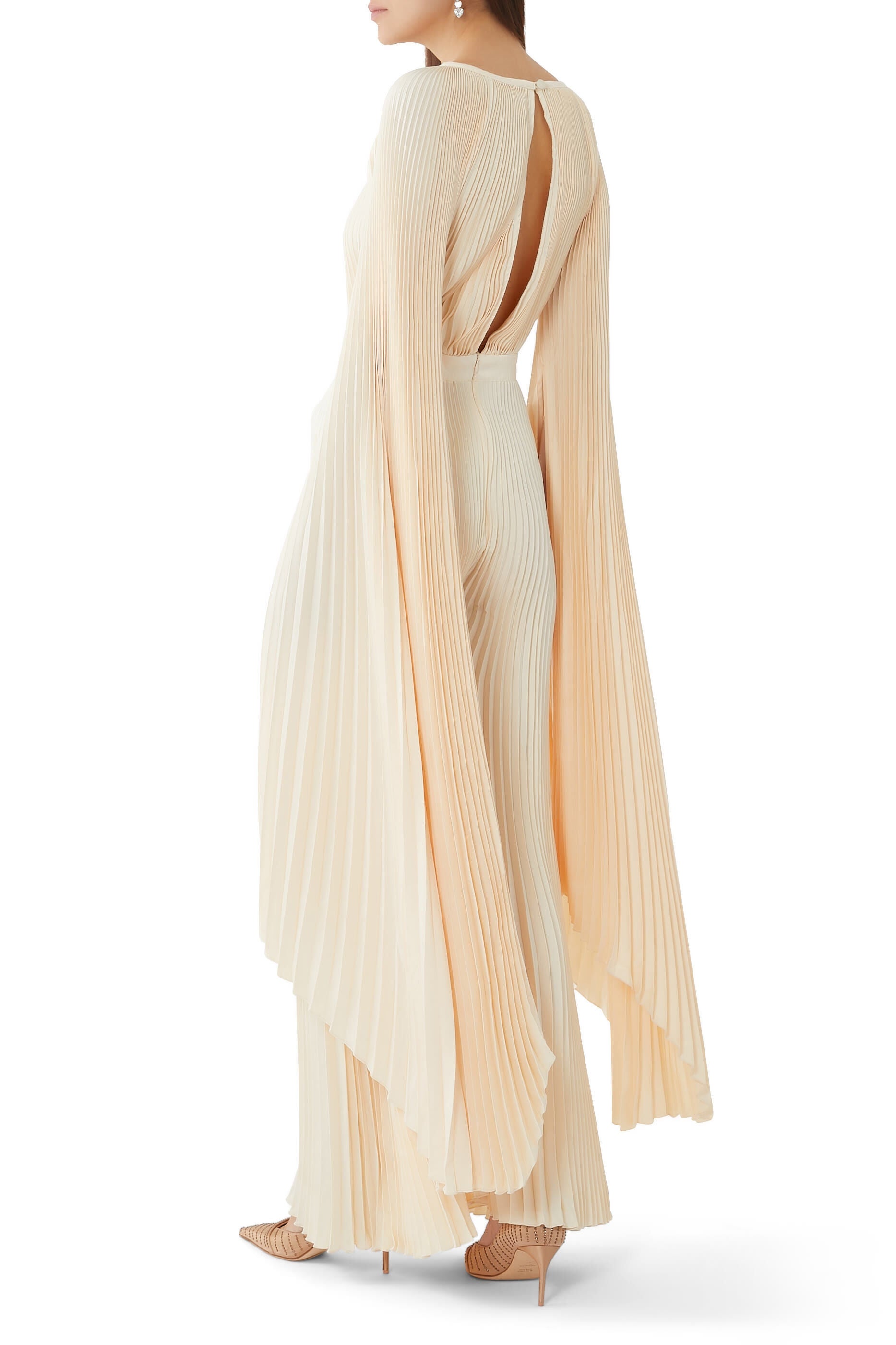 Palais Jumpsuit in cream pleated fabric with flowing cape sleeves — L'IDÉE | Endless UAE