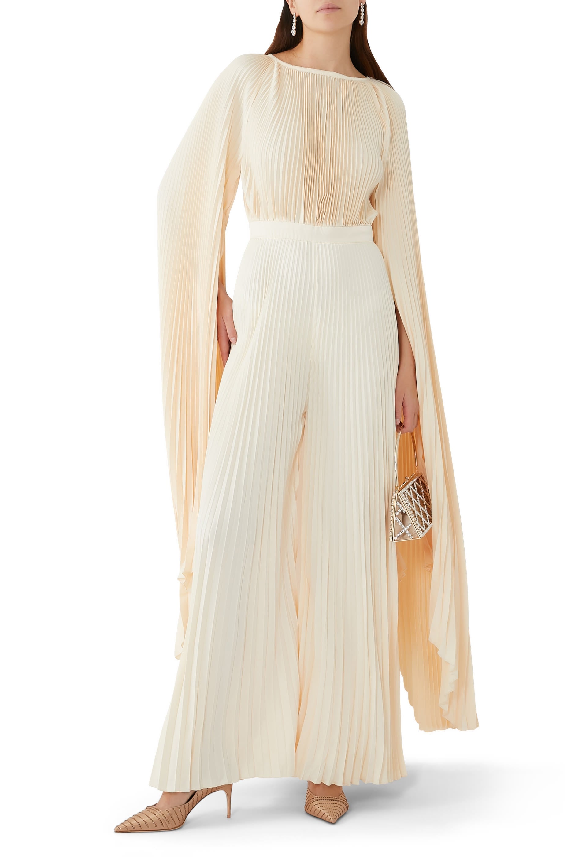 Palais Jumpsuit in cream pleated fabric with flowing cape sleeves — L'IDÉE | Endless UAE