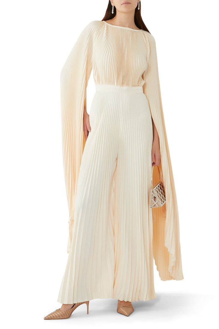 Palais Jumpsuit in cream pleated fabric with flowing cape sleeves — L'IDÉE | Endless UAE