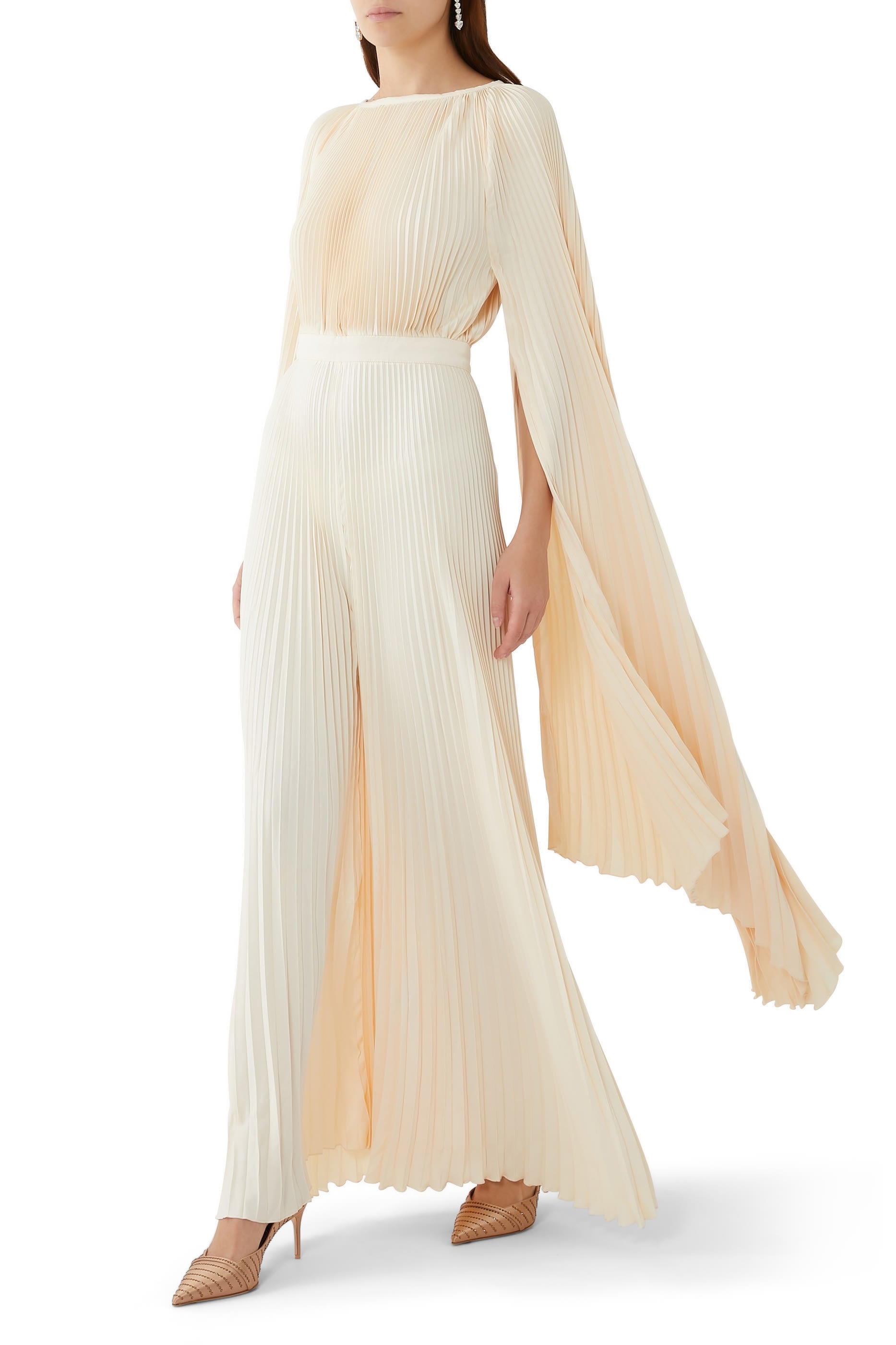 Palais Jumpsuit in cream pleated fabric with flowing cape sleeves — L'IDÉE | Endless UAE