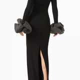 Woman wearing black turtleneck maxi gown with embellished puff sleeves — Endless | Endless UAE