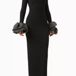 Woman wearing black turtleneck maxi gown with embellished puff sleeves — Endless | Endless UAE