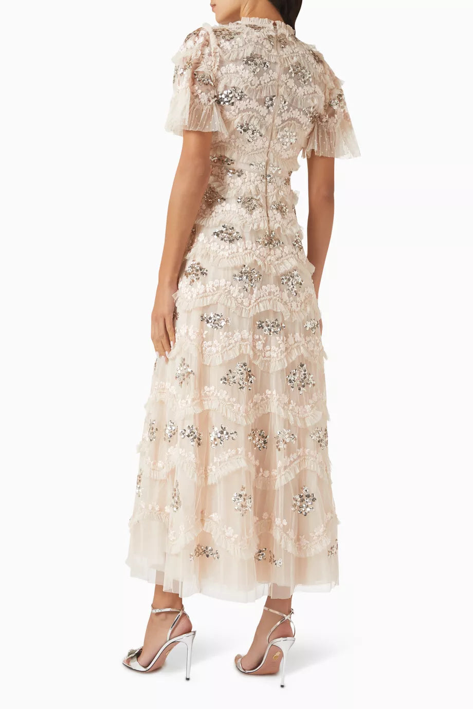 Cream tulle midi gown with sequin floral embellishments and flutter sleeves — Needle & Thread | Endless UAE