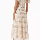 Cream tulle midi gown with sequin floral embellishments and flutter sleeves — Needle & Thread | Endless UAE