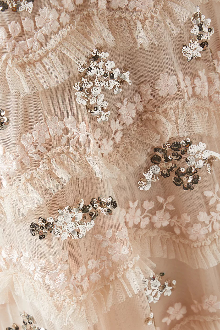 Cream tulle midi gown with sequin floral embellishments and flutter sleeves — Needle & Thread | Endless UAE