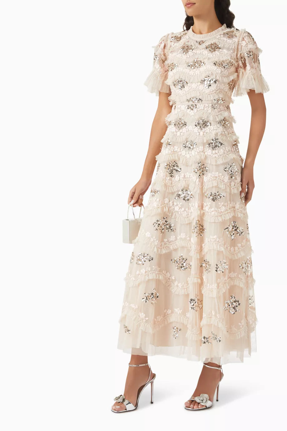 Cream tulle midi gown with sequin floral embellishments and flutter sleeves — Needle & Thread | Endless UAE