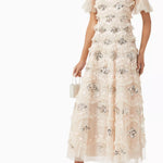 Cream tulle midi gown with sequin floral embellishments and flutter sleeves — Needle & Thread | Endless UAE