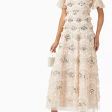 Cream tulle midi gown with sequin floral embellishments and flutter sleeves — Needle & Thread | Endless UAE