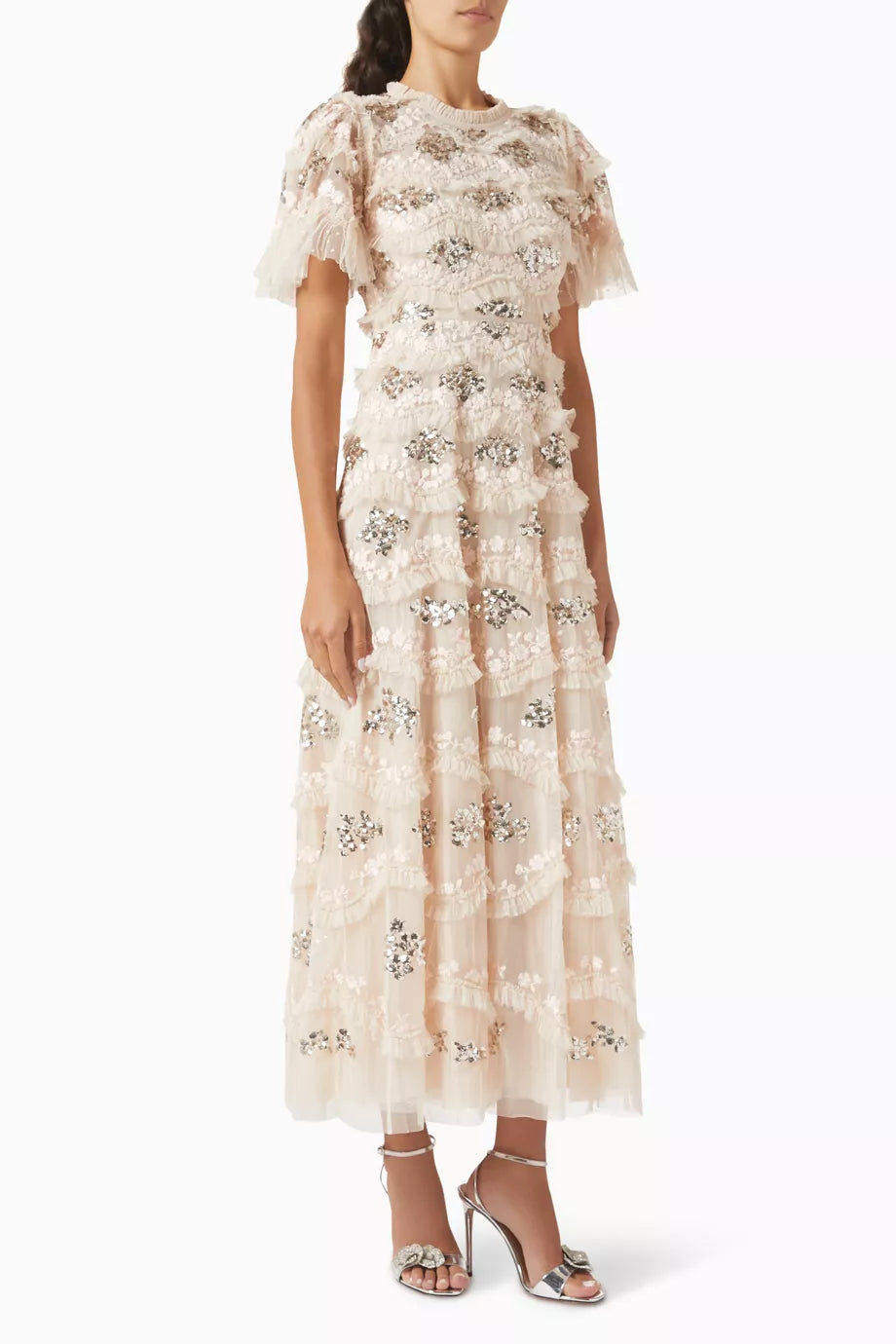 Cream tulle midi gown with sequin floral embellishments and flutter sleeves — Needle & Thread | Endless UAE
