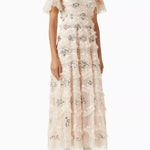 Cream tulle midi gown with sequin floral embellishments and flutter sleeves — Needle & Thread | Endless UAE