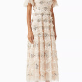 Cream tulle midi gown with sequin floral embellishments and flutter sleeves — Needle & Thread | Endless UAE