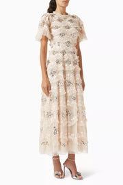 Cream tulle midi gown with sequin floral embellishments and flutter sleeves — Needle & Thread | Endless UAE