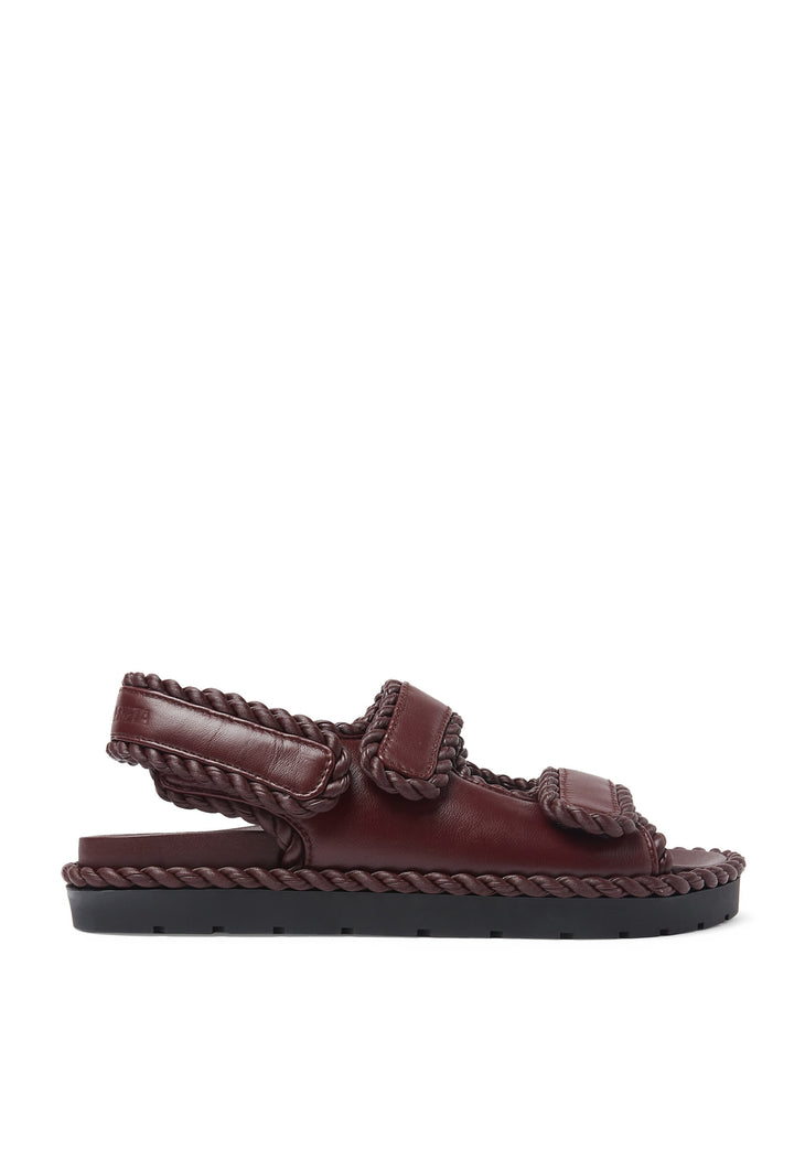 Burgundy leather flat sandals with braided trim detail and velcro straps — Bottega Veneta | Endless UAE
