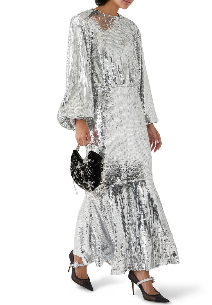 Silver sequin embellished maxi dress with long balloon sleeves and flared hem — Rotate | Endless UAE