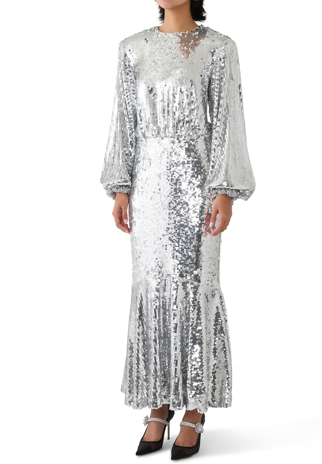 Silver sequined maxi dress with long balloon sleeves, crew neck, and flared hem — Rotate | Endless UAE