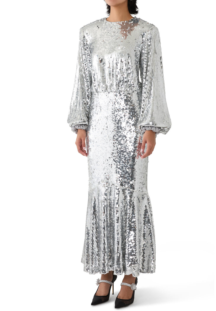 Silver sequined maxi dress with long balloon sleeves, crew neck, and flared hem — Rotate | Endless UAE