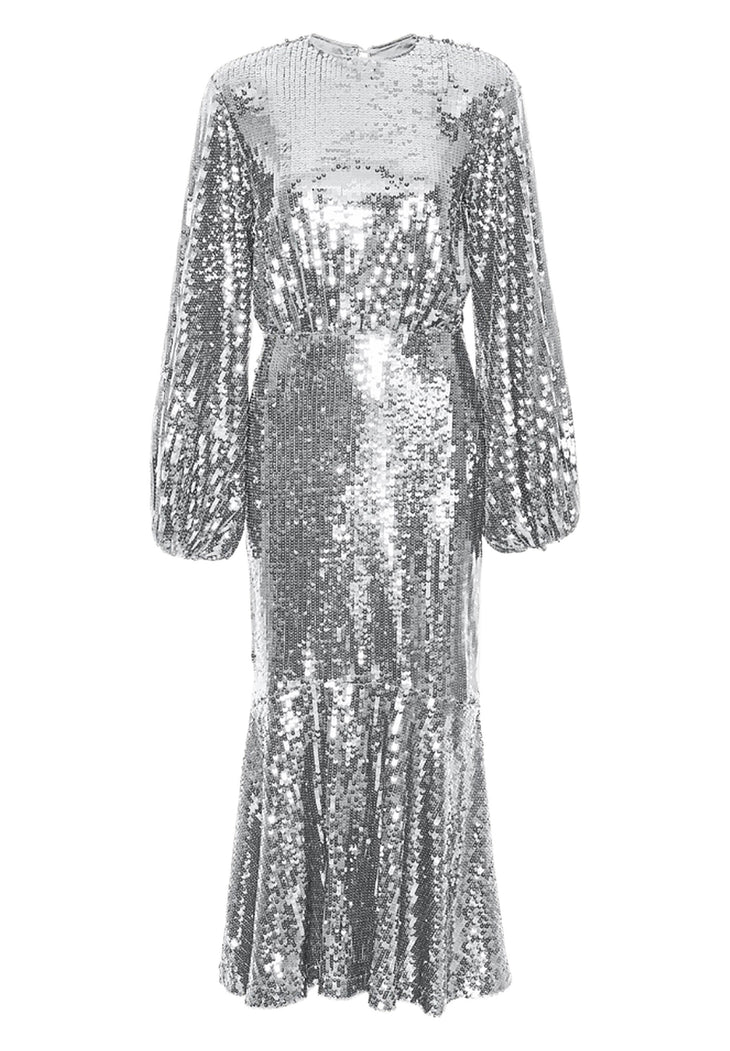 Silver sequin embellished maxi dress with long sleeves and fluted hem silhouette — Rotate | Endless UAE