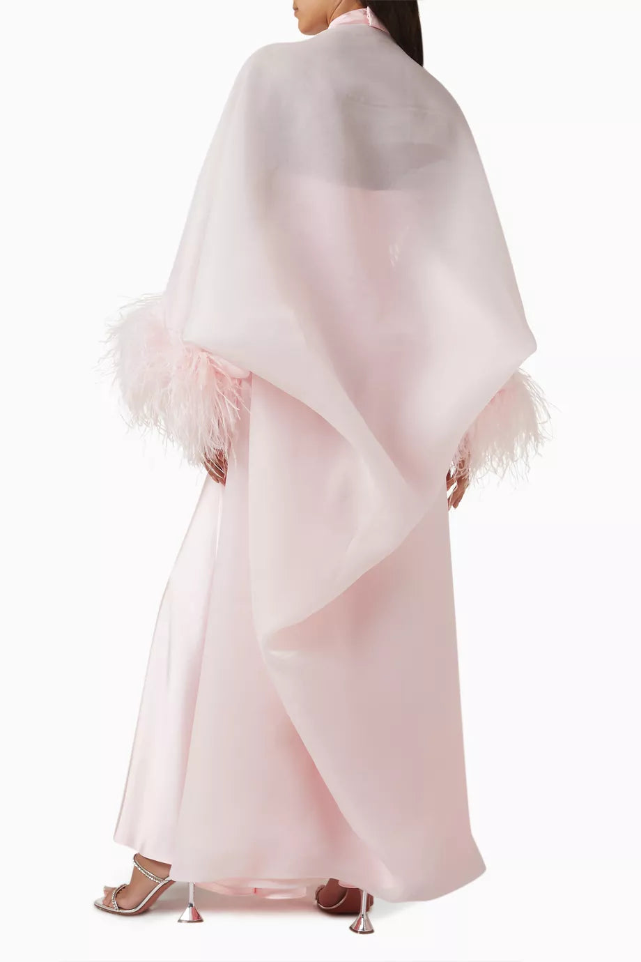 Pink crepe satin organza Swan Coord Set with feathered cape and embellished neckline — Manel | Endless UAE