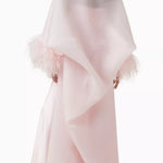 Pink crepe satin organza Swan Coord Set with feathered cape and embellished neckline — Manel | Endless UAE