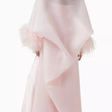 Pink crepe satin organza Swan Coord Set with feathered cape and embellished neckline — Manel | Endless UAE