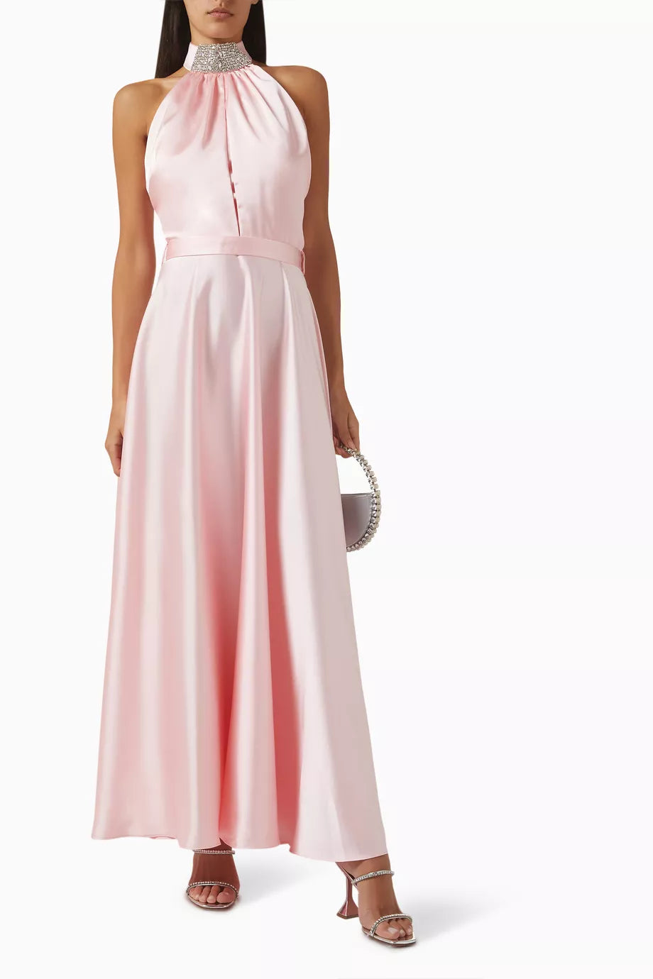 Pink crepe satin organza Swan Coord Set with feathered cape and embellished neckline — Manel | Endless UAE