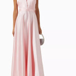 Pink crepe satin organza Swan Coord Set with feathered cape and embellished neckline — Manel | Endless UAE