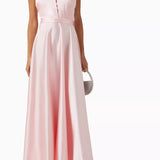 Pink crepe satin organza Swan Coord Set with feathered cape and embellished neckline — Manel | Endless UAE