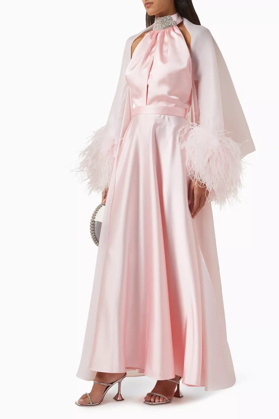 Pink crepe satin organza Swan Coord Set with feathered cape and embellished neckline — Manel | Endless UAE